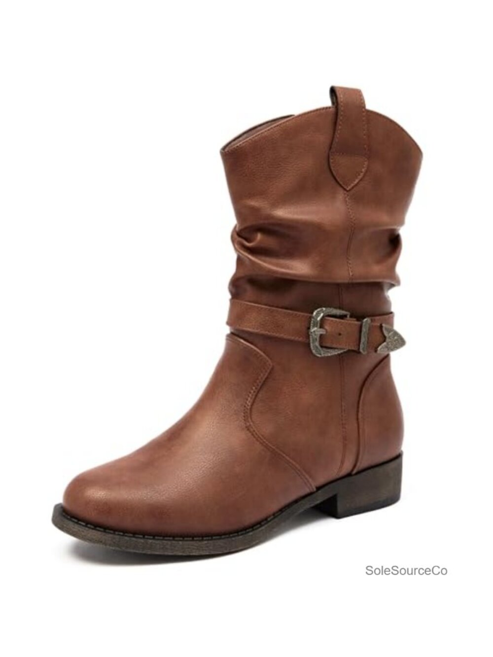 Women's Mid-Calf Cowboy Boots Faux Leather Low Heel Zip Booties